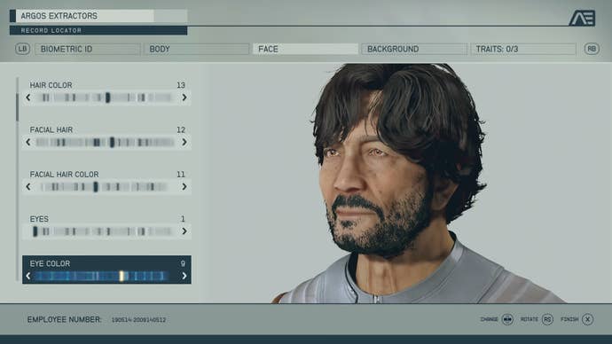 A screenshot from the Starfield character creator in the Face screen, with the player character’s face on the right.