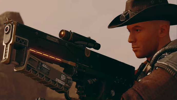 starfield character in cowboy hat holding rifle