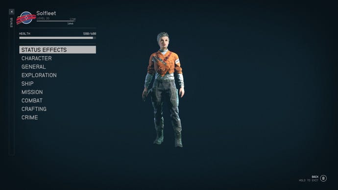 The Status Effects section of the Starfield menu.