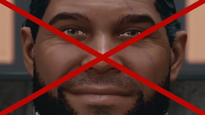 An extremey close-up of an NPC character’s face in Starfield, with a red cross through it.