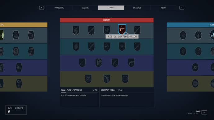 The skills screen in Starfield, showing the Pistol Certification skill at the top of the Combat skill tree.