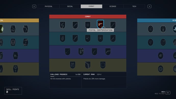 The skills screen in Starfield, showing the Pistol Certification skill at the top of the Combat skill tree.