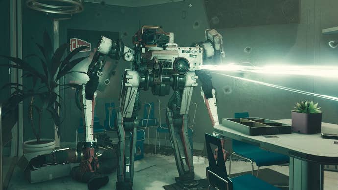 The robot Vasco, a companion in Starfield, shoots at an enemy off screen