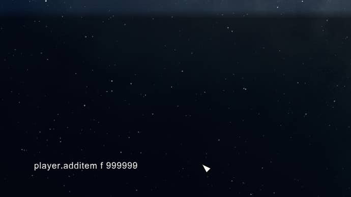 Console showing the command “player.additem f 999999” giving players 999,999 Credits