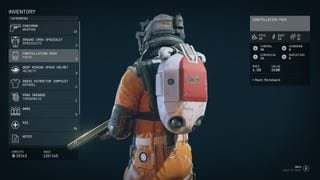 The player character in Starfield looks away from the camera and shows their backpack in the inventory menu.