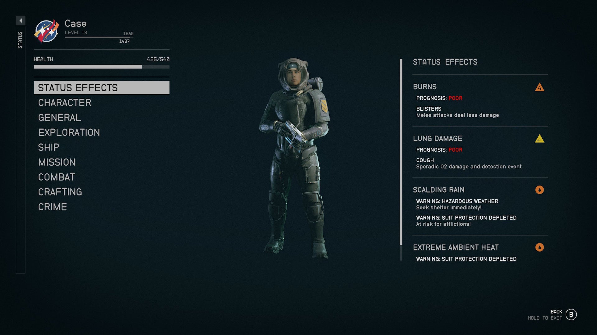 A status screen showing the blisters and lung damage afflictions in Starfield - 1