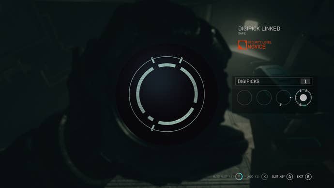 The player attempting a lockpicking challenge using a Digipick in Starfield
