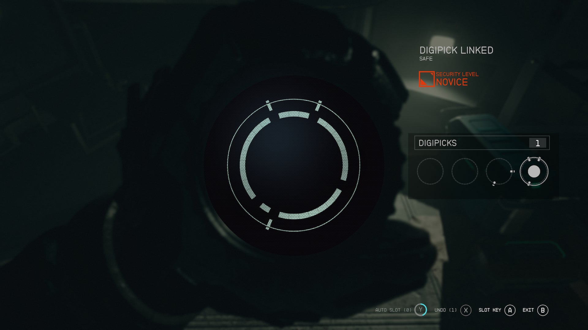 The player attempting a lockpicking challenge using a Digipick in Starfield - 1