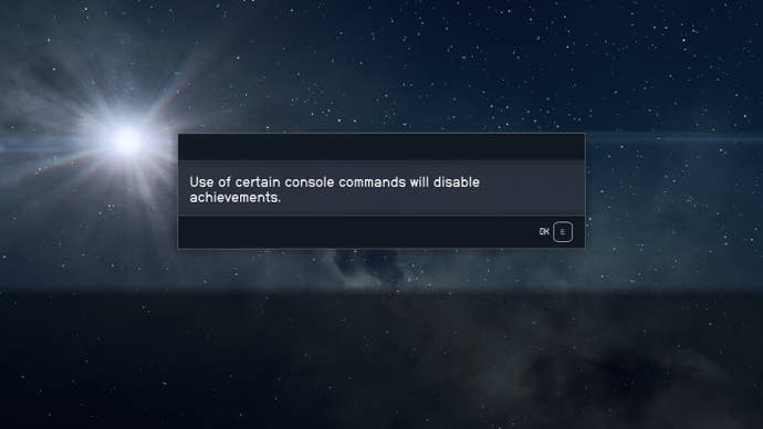 Starfield cheats warning that reads “Use of certain console commands will disable achievements."
