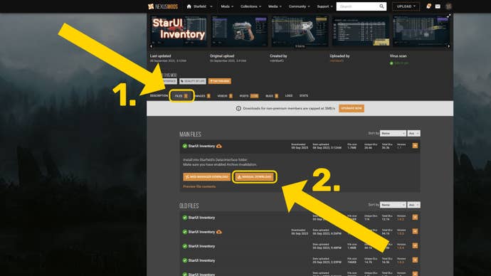 The mod page on NexusMods for the StarUI Inventory mod, with arrows highlighting the Files tab and the Manual Download button.