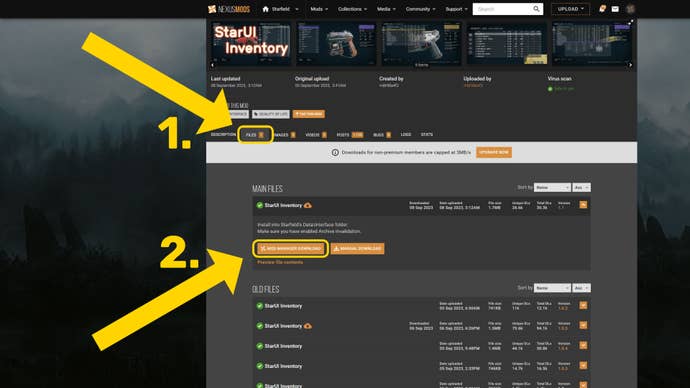 The mod page on NexusMods for the StarUI Inventory mod, with arrows highlighting the Files tab and the Mod Manager Download button.