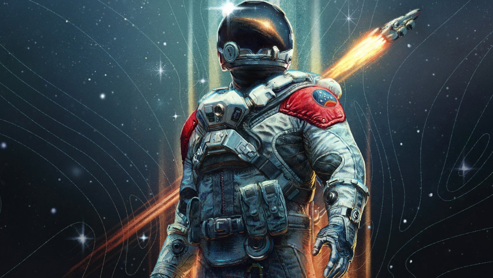 Artwork for Starfield showing a character wearing an astronaut suit with a spaceship blasting off in the background and stars. - 1