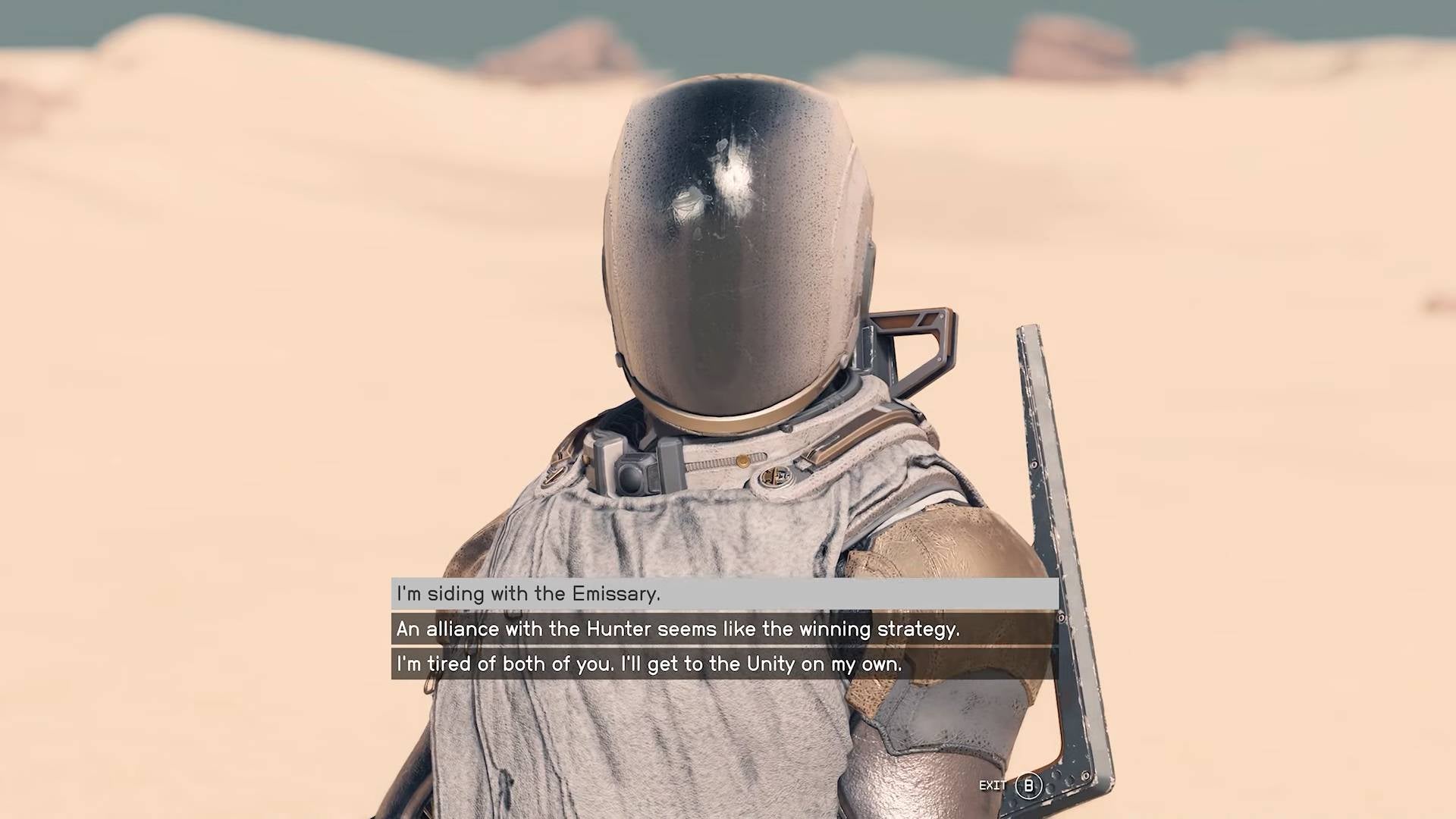 The player speaks to the Hunter in Starfield.