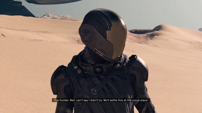 The player speaks to the Hunter in Starfield.