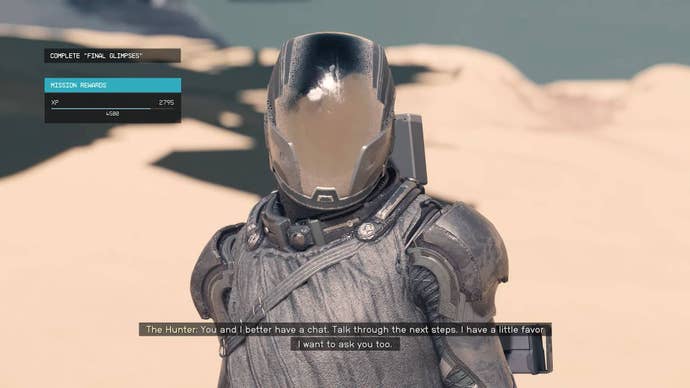 The player speaks to the Hunter in Starfield.