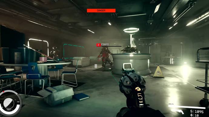 Starfield trailer screenshot showing combat with a Pirate enemy