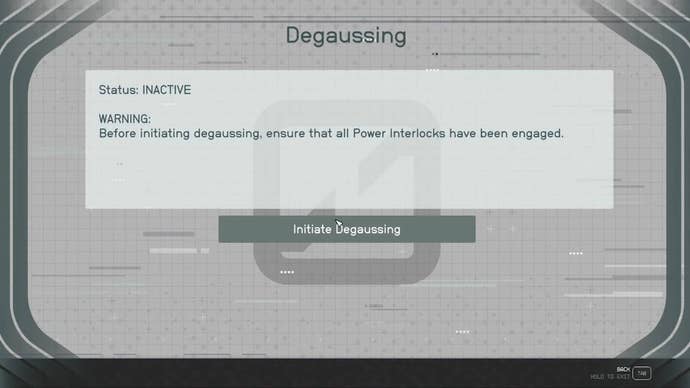 The player initiates degaussing in a Starfield terminal screen.