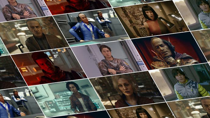 A grid of screenshots from Starfield trailers showcasing various NPC characters' faces.