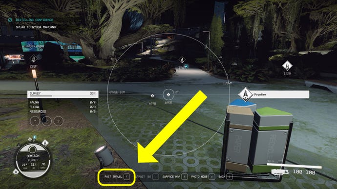 The player uses their Hand Scanner in Starfield to fast travel to a new location. The fast travel option is highlighted in yellow.