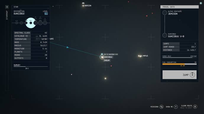 The fast travel route via the data menu shows the journey to Gunibuu IV-b in Starfield.