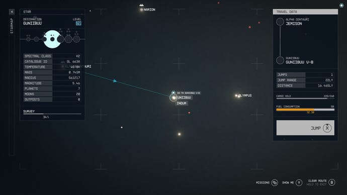 The fast travel route via the data menu shows the journey to Gunibuu IV-b in Starfield.