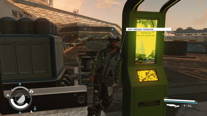 The ship services technician stands at the kiosk at the New Atlantis spaceport in Starfield.