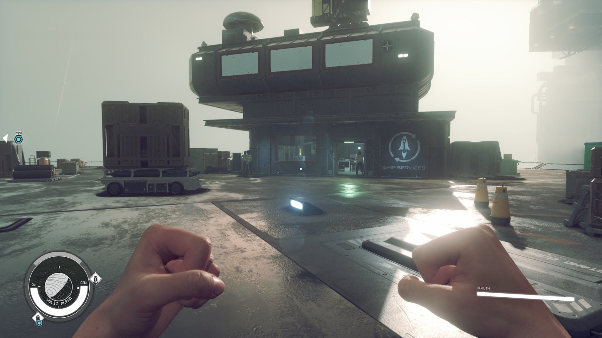 starfield first person pov of neon ship services building