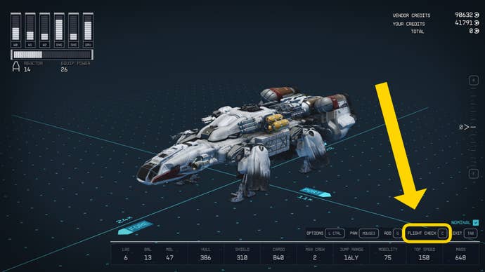 The Starfield Ship Builder screen, with the Flight Check button highlighted in yellow.