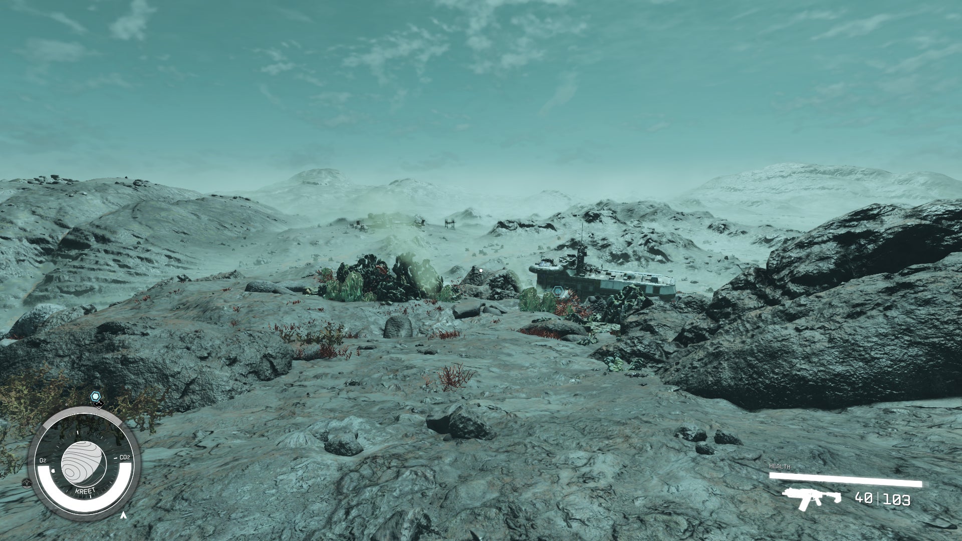 The surface of Kreet, a planet in Starfield.