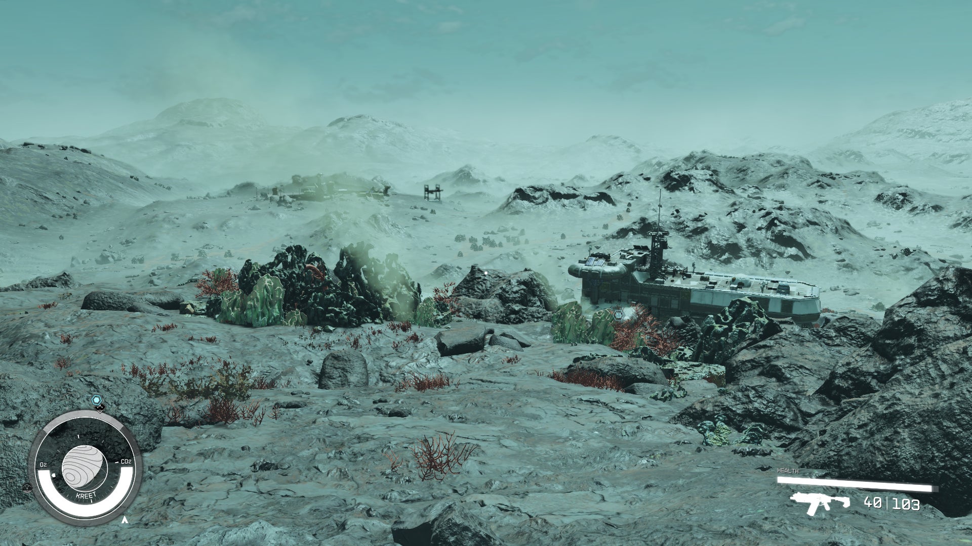 The surface of Kreet, a planet in Starfield.