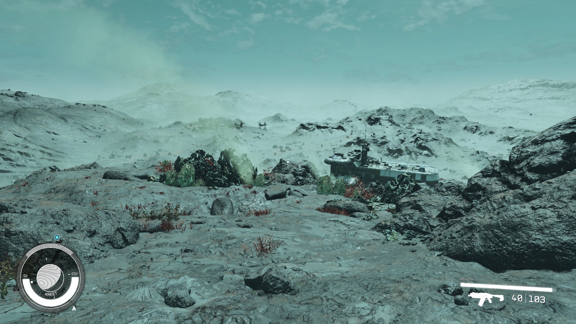 The surface of Kreet, a planet in Starfield.