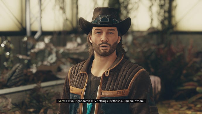 Sam Coe in Starfield talks to the player about the deplorable lack of FOV settings in Starfield.