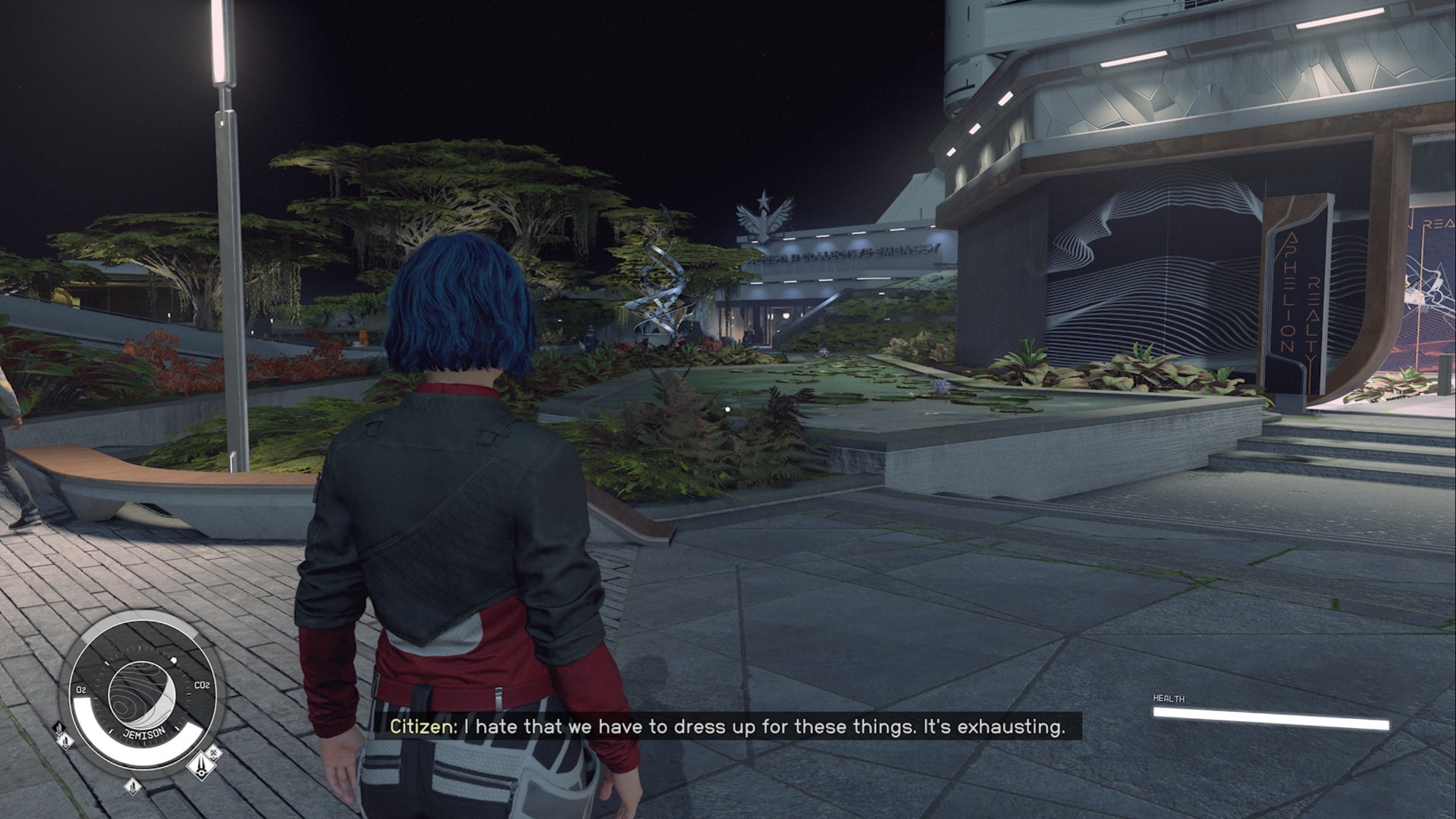 starfield, player is looking at the freestar collective embassy building in the distance from outside the  aphelion realty building