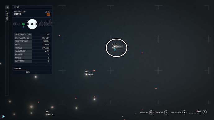 Starfield Freya system location circled on star map