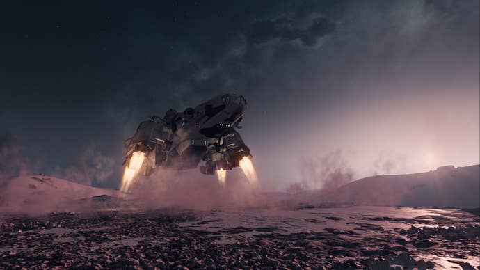starfield frontier ship taking off of earth at dusk