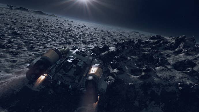 Ship descends onto a planet in Starfield.