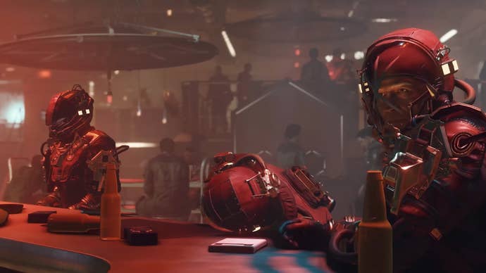 Starfield gameplay trailer screenshot of NPCs at a bar, drinking.