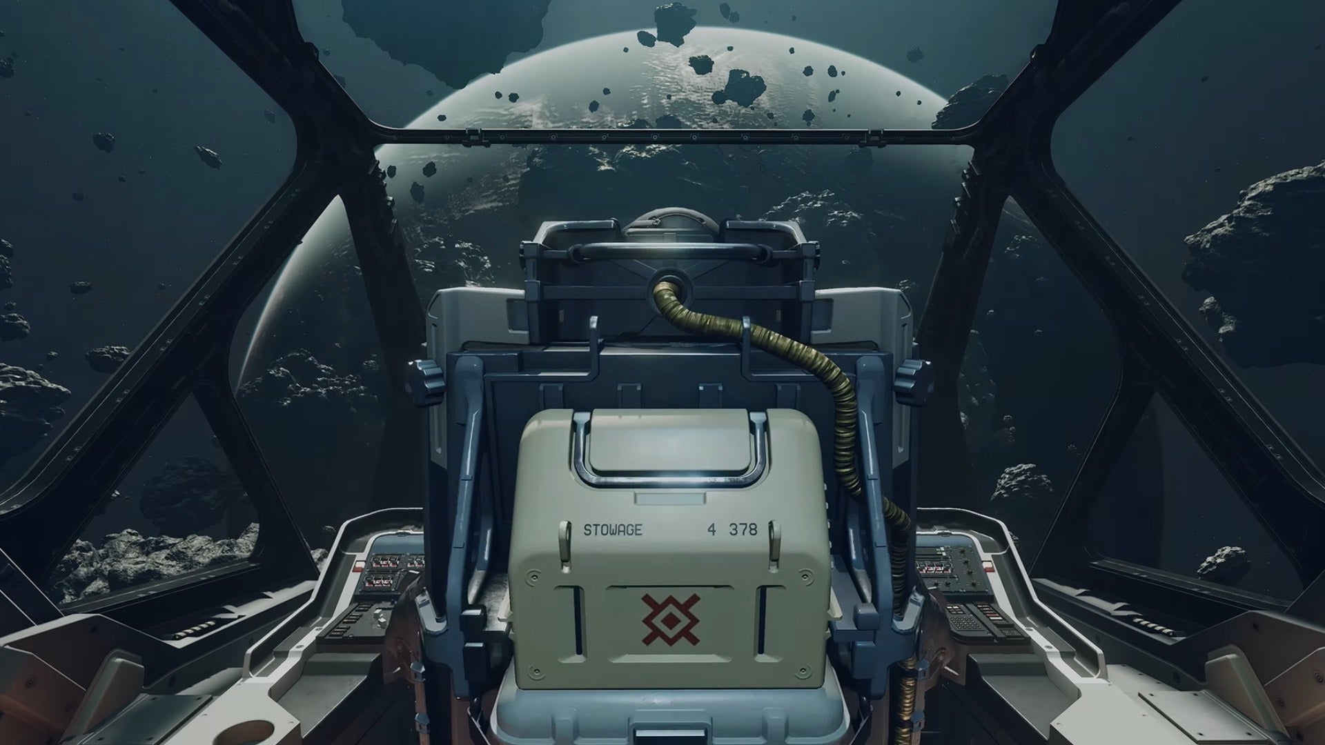 Starfield gameplay trailer screenshot of a ship interior, with a window looking out to space. - 7