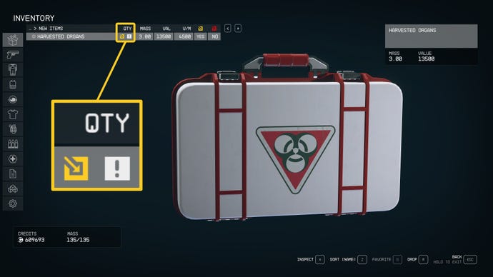 The player’s inventory in Starfield, showing a box of Harvested Organs. A yellow icon denoting that the item is contraband is highlighted and enlarged.