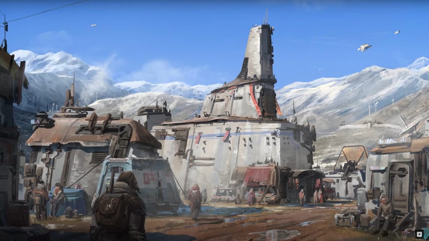 Concept art for Starfield showing the town of Akila, whose residents are ardents protectors of freedom but who live in a walled city to protect them from alien predators.