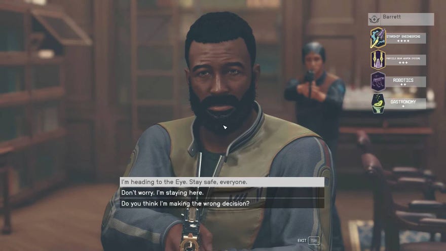The player in Starfield speaks to Barrett, who is holding a gun towards the player.