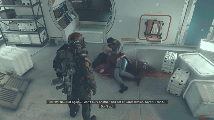 The player in Starfield looks down at Barrett cradling Sarah's dead body.