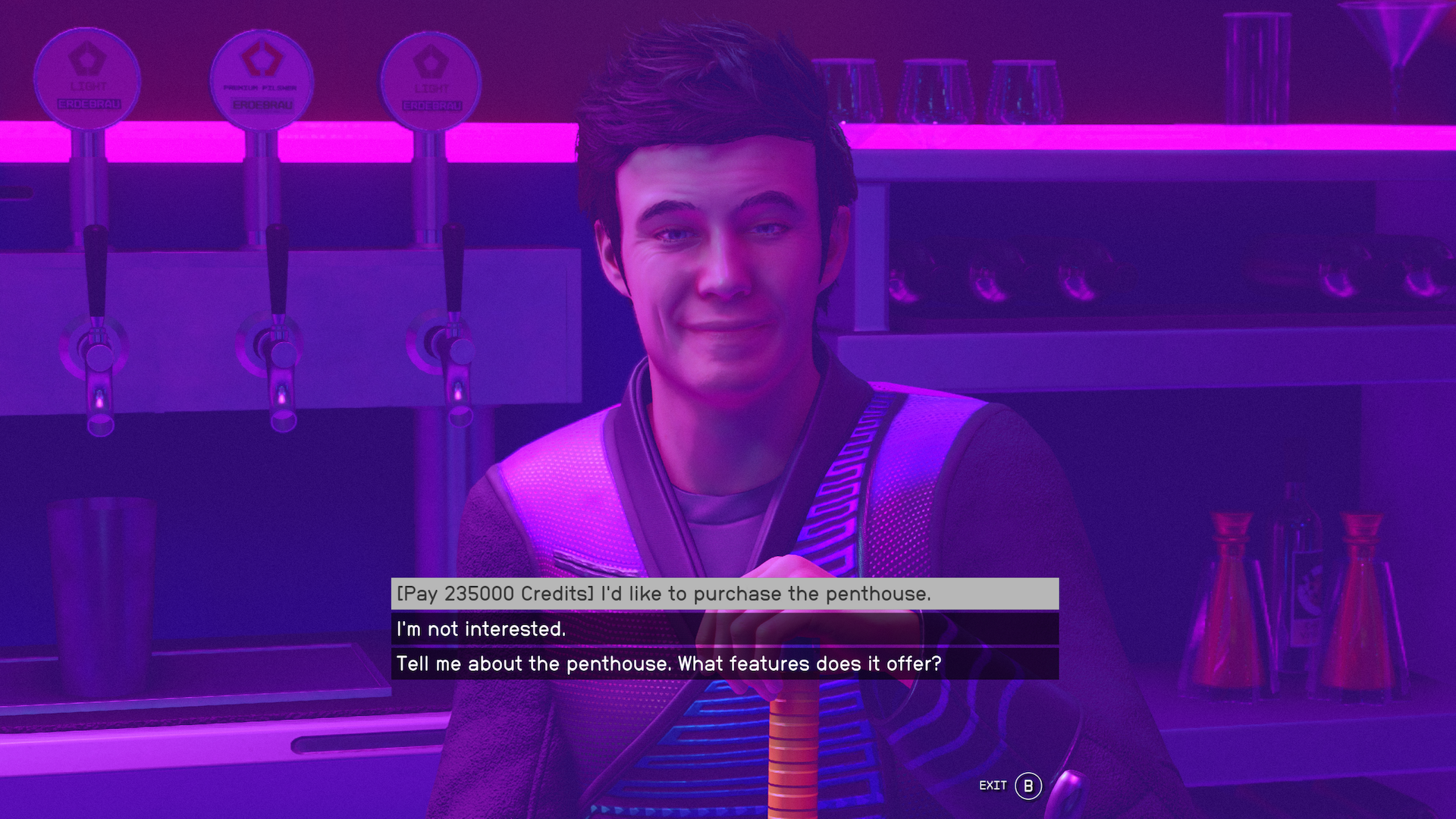 Buying a luxury penthouse from the Astral Lounge in Neon in Starfield