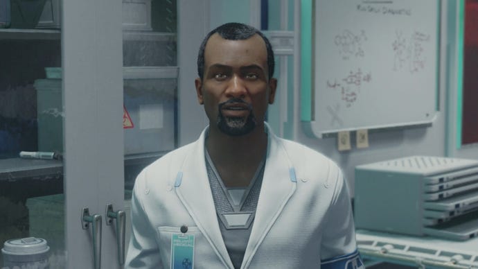 A doctor in his laboratory in Starfield looks at the camera.