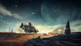 Promotional concept art of a Starfield ship landing on a desert planet.