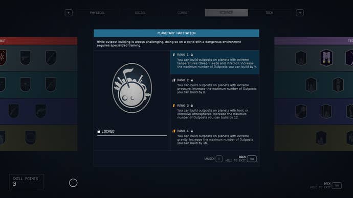 The Planetary Habitation skill in the Starfield skill screen.