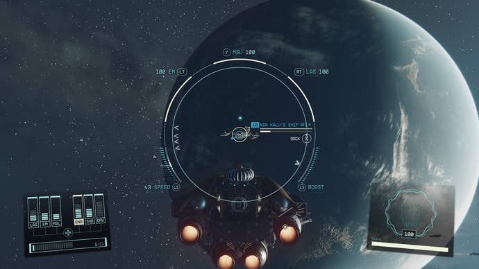 A spacecraft docking at a space station in Starfield