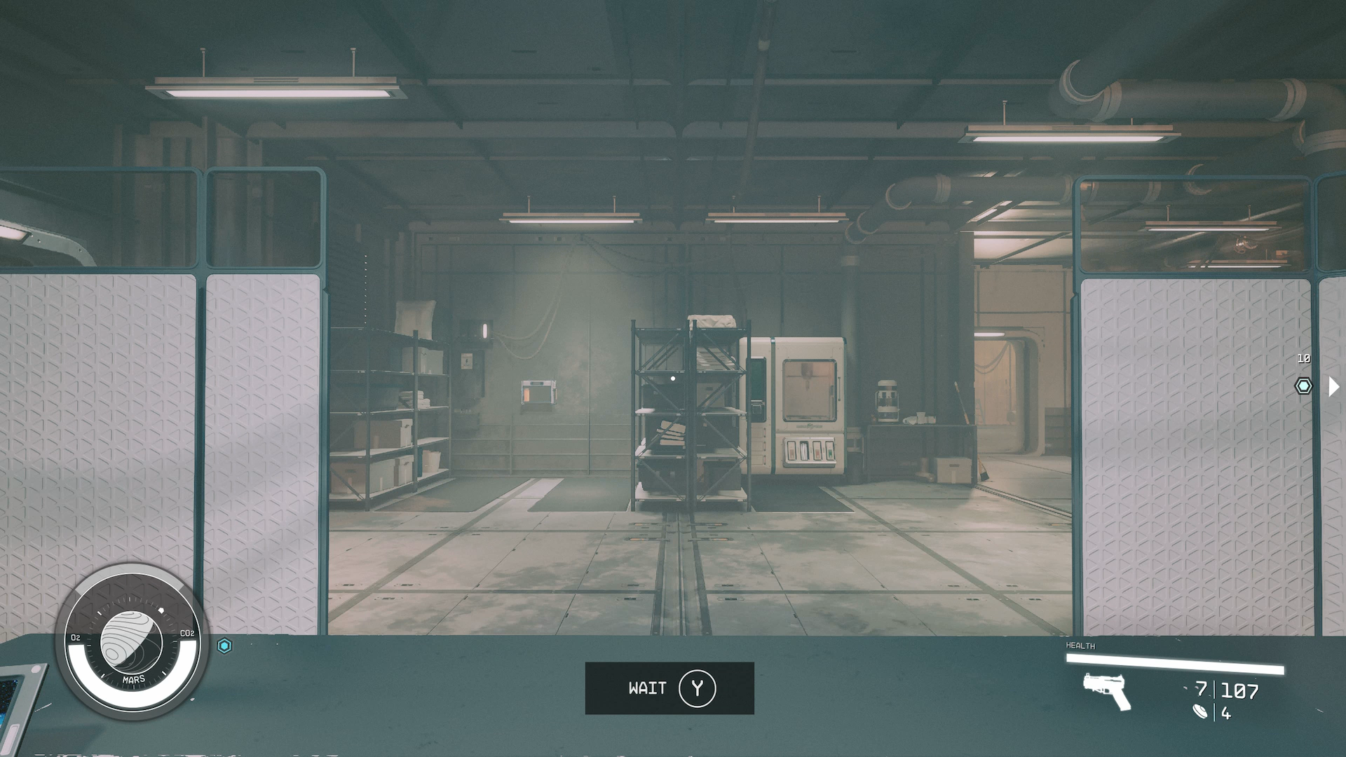 A character in a space suit waiting on a bench in Starfield