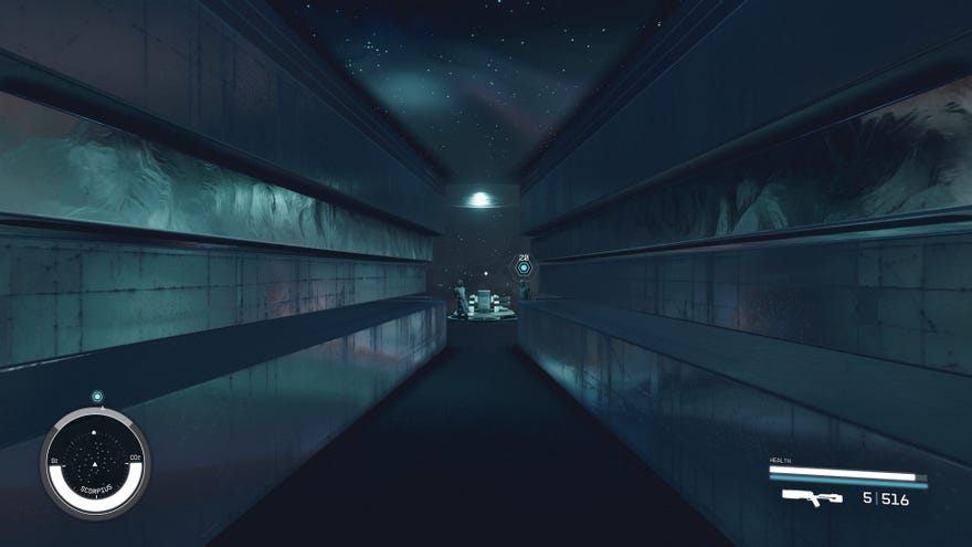 The corridor as you board the Scorpius to speak with The Hunter and The Emissary in Starfield.