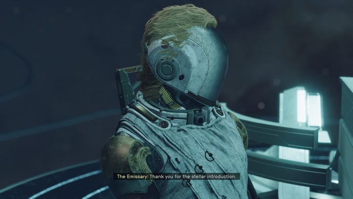 Players speak with The Emissary aboard the Scorpius in Starfield.